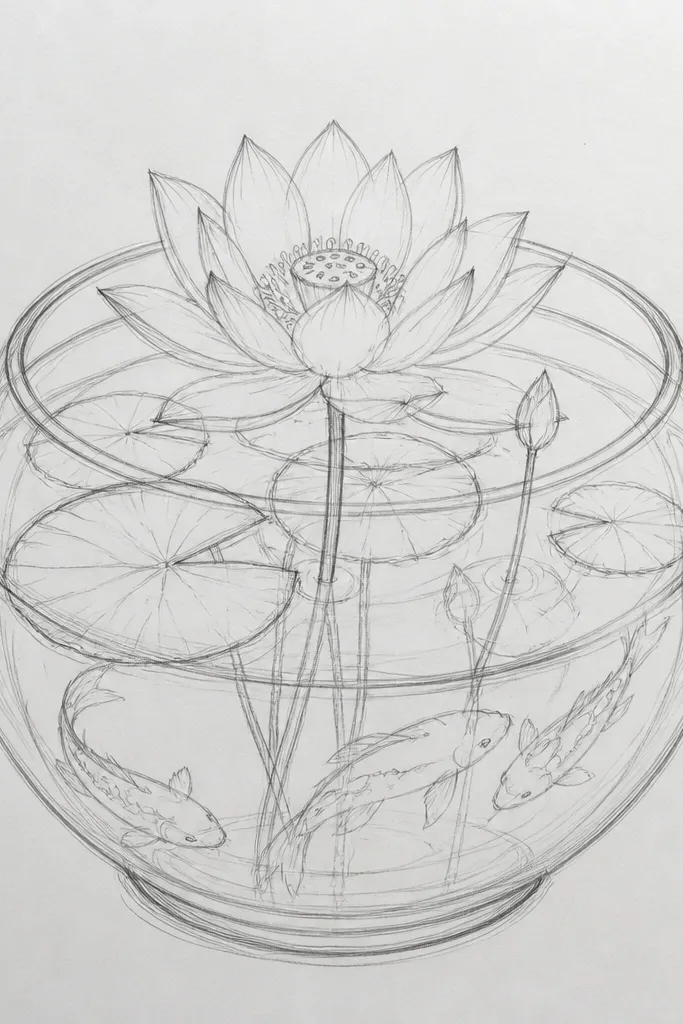 A glass bowl shape frames the water. A lotus bloom sits inside the bowl, and koi swim below. There's a reflection effect - faint mirrored ripples and a curved highlight on the bowl rim.