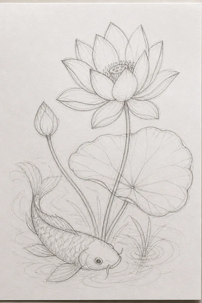 A tall composition shows one koi swimming upward along the left side. A lotus grows near the bottom center with layered petals. The background has vertical ripple lines and a faint wash gradient from dark at the top to light at the bottom.