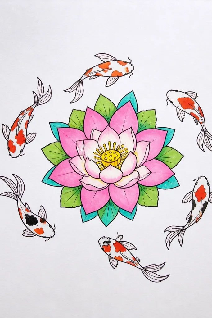 A lotus sits in the center like a mandala, with many small petals radiating outward. Four tiny koi swim around the outer petal ring. The background is mostly white with small dot ripples.