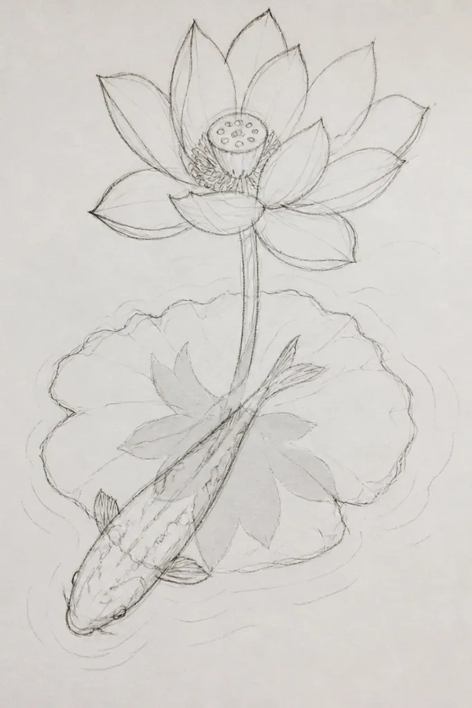 A lotus bloom floats near the top. Below it, a koi crosses from left to right. A realistic shadow shape appears under the lotus on the water surface, with ripples breaking around it.