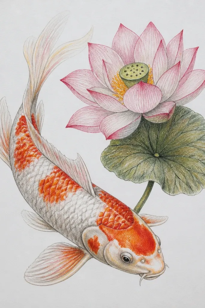 A koi dominates the center, with bold horizontal scale bands across its body. The lotus petals show visible ink vein lines radiating from the base. The background is a pale wash with minimal ripples.