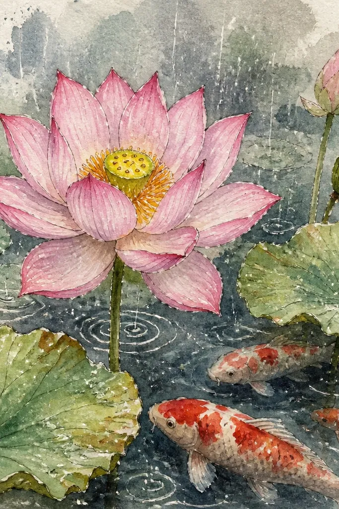 A lotus bloom sits amid raindrop splatters. Koi are partially visible under the water haze, with splatter dots and streaks around their bodies. The background has a gray-blue wash with white specks.