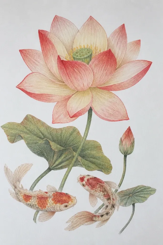 Two koi swim toward a lotus with red-tinted petals and a cream center. The lotus petals have a gentle gradient from pale cream to deeper red at the base. A green stem and lily pad are visible, with light vein lines.