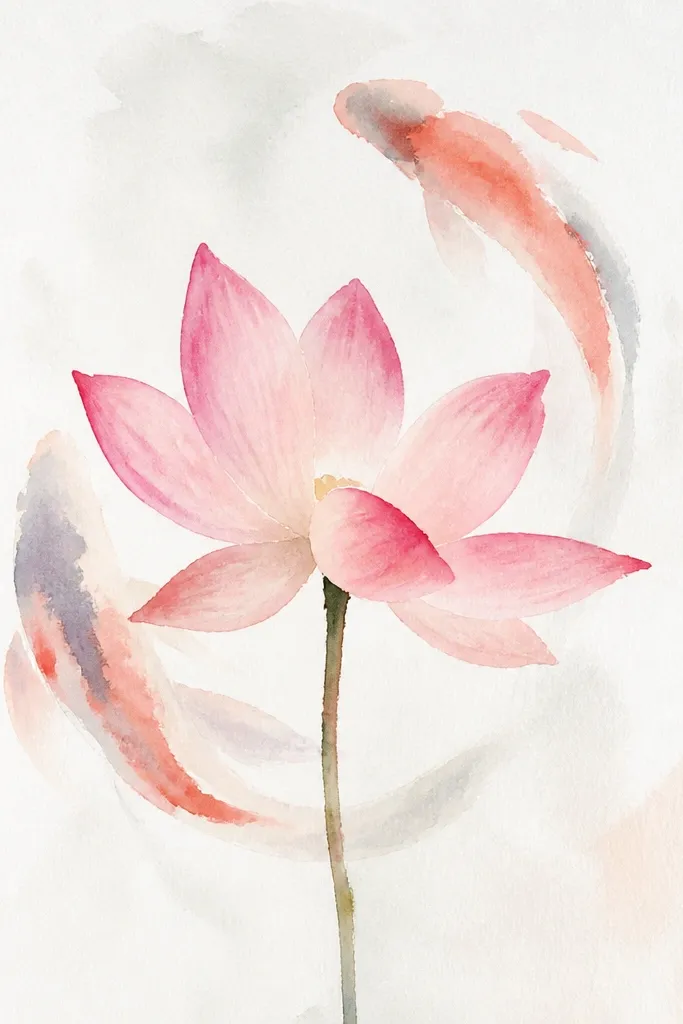 The lotus is drawn from a slightly top-down angle, showing the inner petal layers like a cup. Two koi circle behind it, partially hidden, with their tails visible around the lotus edges. The background has thin ripple rings.
