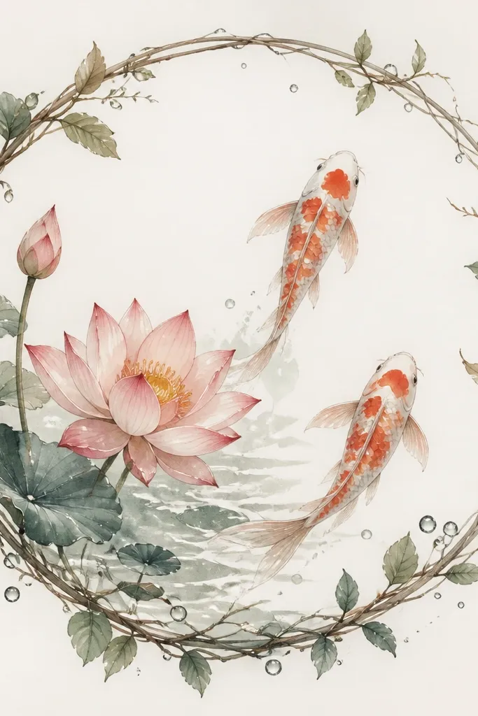 A circular wreath frame surrounds the drawing. Inside the wreath, a lotus bloom sits slightly off-center with two koi swimming upward. The wreath has small leaves and tiny water droplet accents.