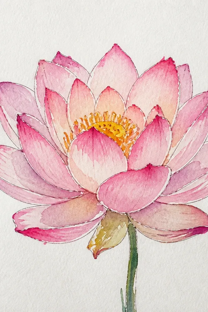 A lotus flower drawing where the petals fade from pale pink at the tips to warm rose near the base. The center seed pod is a small oval with darker dots. Leaf edges are thin and light green, and the petal overlaps show cloudy, wet-looking transitions.