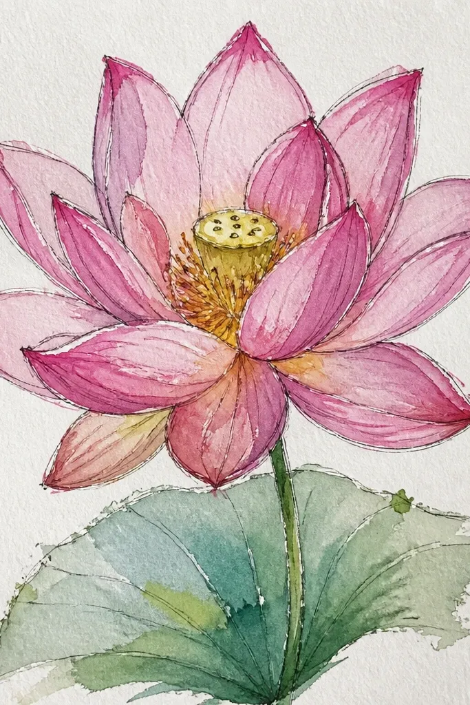 A lotus drawing colored mostly with pencil strokes that look feathered and smooth. The petals show light-to-medium pink gradients with tiny pencil grain visible near the edges. The center seed pod is shaded in warm beige and the leaves are done in pale olive with darker vein lines.