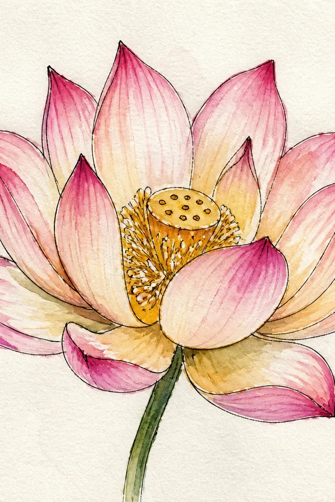 A lotus with petals that are rose-pink at the outer edges and lighter peach toward the inner arc. The seed pod is ochre and honey-brown with small speckles. The leaves are muted teal-green with thin vein lines.