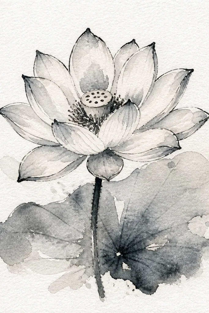 A lotus with crisp black linework around each petal edge and seed pod details. The petals are washed in pale gray-lavender, and the leaves are a light desaturated green. The contrast makes the petal overlaps look sharp and graphic.