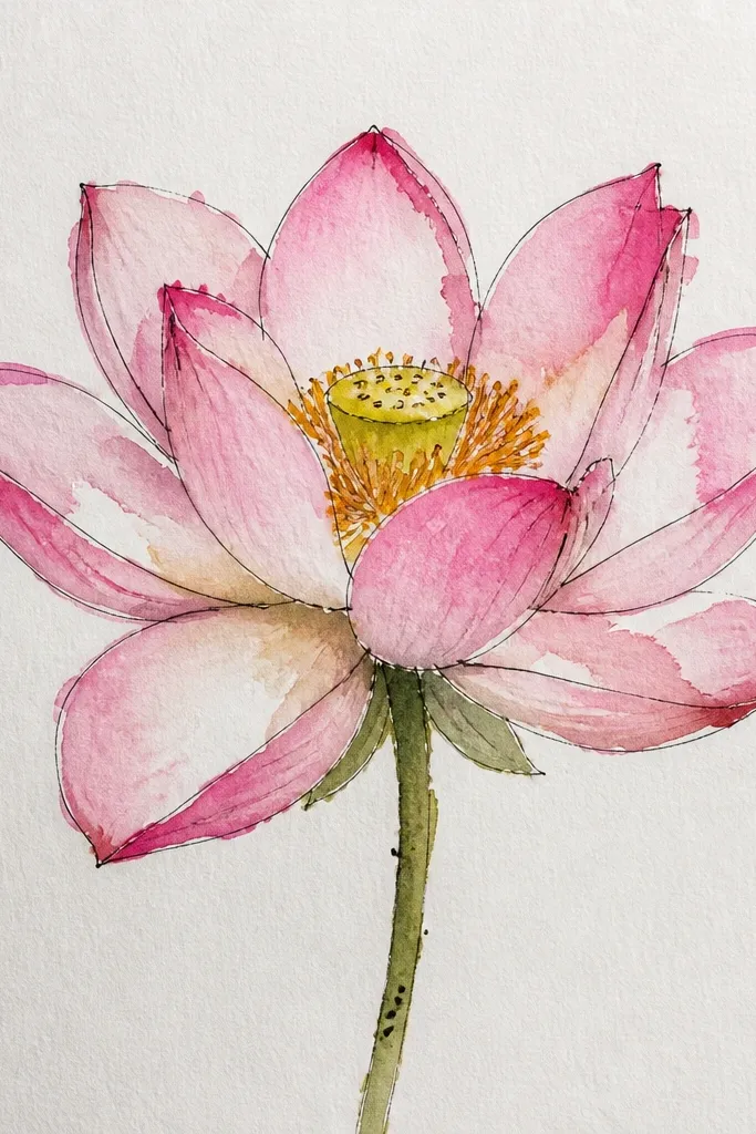 A lotus where the petals look airy and slightly imperfect, with watercolor blooms and feathered edges. The seed pod is smaller and less detailed, colored in light brown with a few dark dots. Leaves are a loose wash with visible water streaks.
