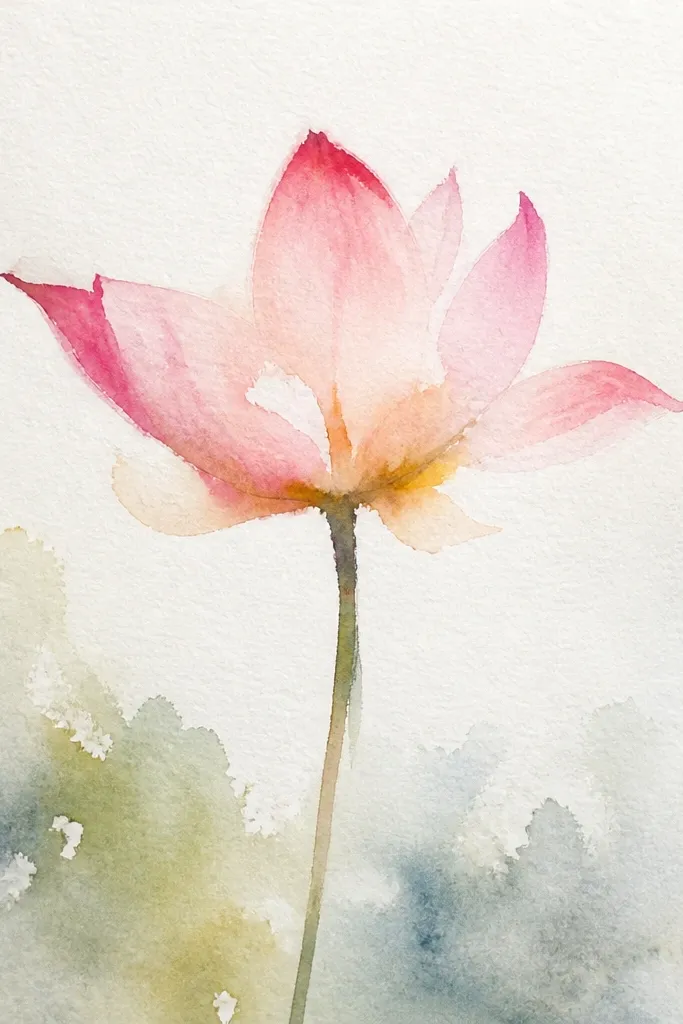 A lotus where the highlights on the petals look like white gaps. The petals are shaded with pale pink pencil and blended slightly at the edges. The center pod is shaded beige with darker speckles; leaves are soft olive with darker veins.