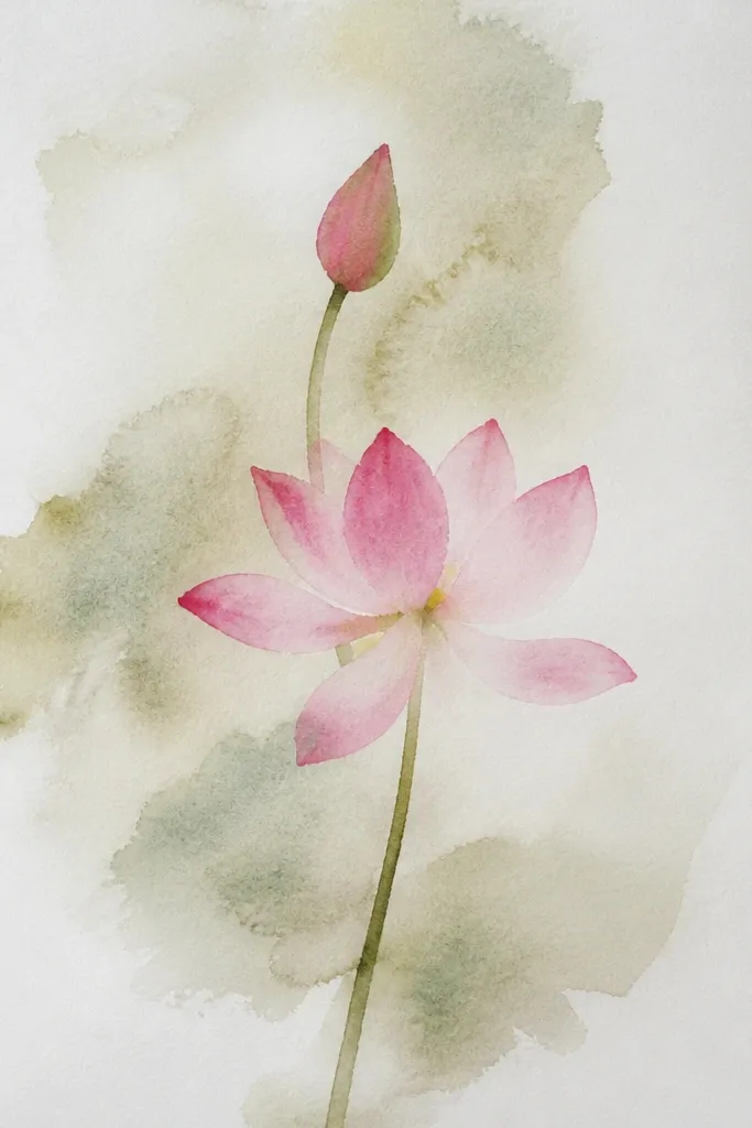 A page with two lotus motifs: one full bloom flower and one closed bud angled slightly. Petals are pale pink with darker bases, and the bud has layered petals that curl inward. Leaves are light green with a few bold vein lines.