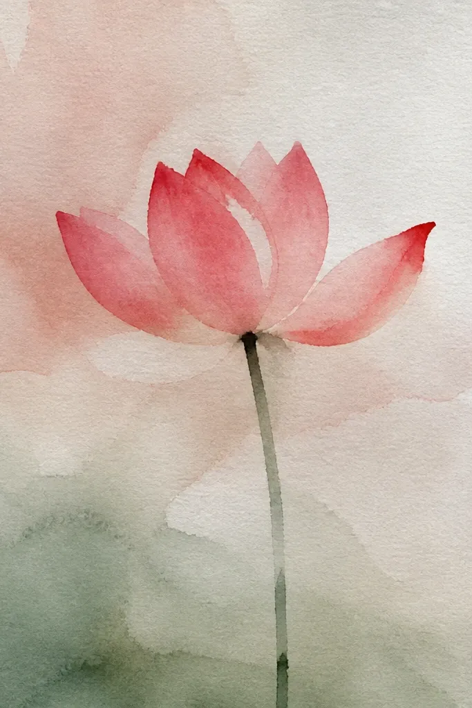 A lotus drawn on a softly painted background with a pale gradient block. The petals are bright pink with darker bases, and the seed pod is warm beige. The background is a wash of light teal with visible water texture behind the flower.