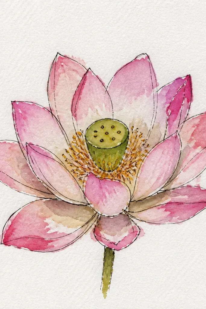 A lotus where the petals are simple and light, but the seed pod is detailed with many small, evenly spaced dark dots and a clear outline. Petals are pale pink with minimal shading. Leaves are light green with a few vein lines.
