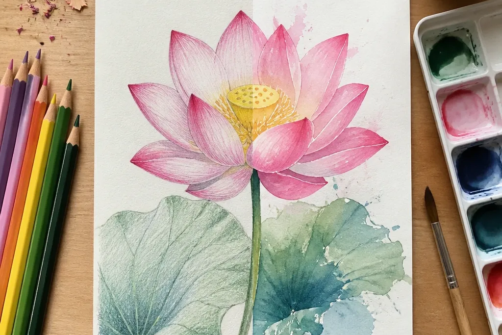 Lotus Flower Drawing with Watercolor Pencil vs Paint
