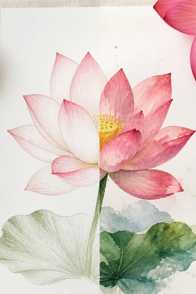Lotus Flower Drawing with Watercolor Pencil vs Paint