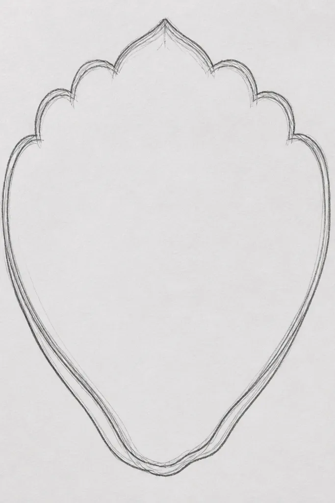 A lotus petal with a wavy scalloped outer edge like small rounded bumps. The base shows a layered lip: a thicker curved band at the bottom and a thinner inner line above it. Veins are short, parallel curves that fan from the center ridge.
