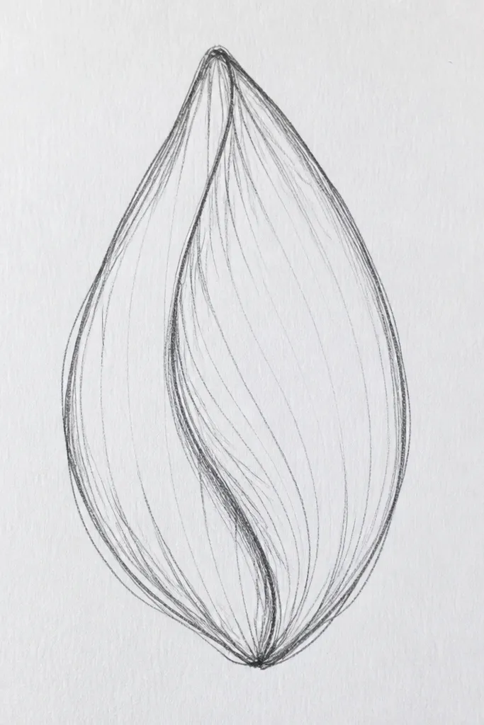 A petal drawn as if it's folded inward on one side. The outline is a teardrop, but the center ridge is slightly off-center. There's a dark curved shadow band running diagonally inside the petal, with lighter highlight on the opposite side.