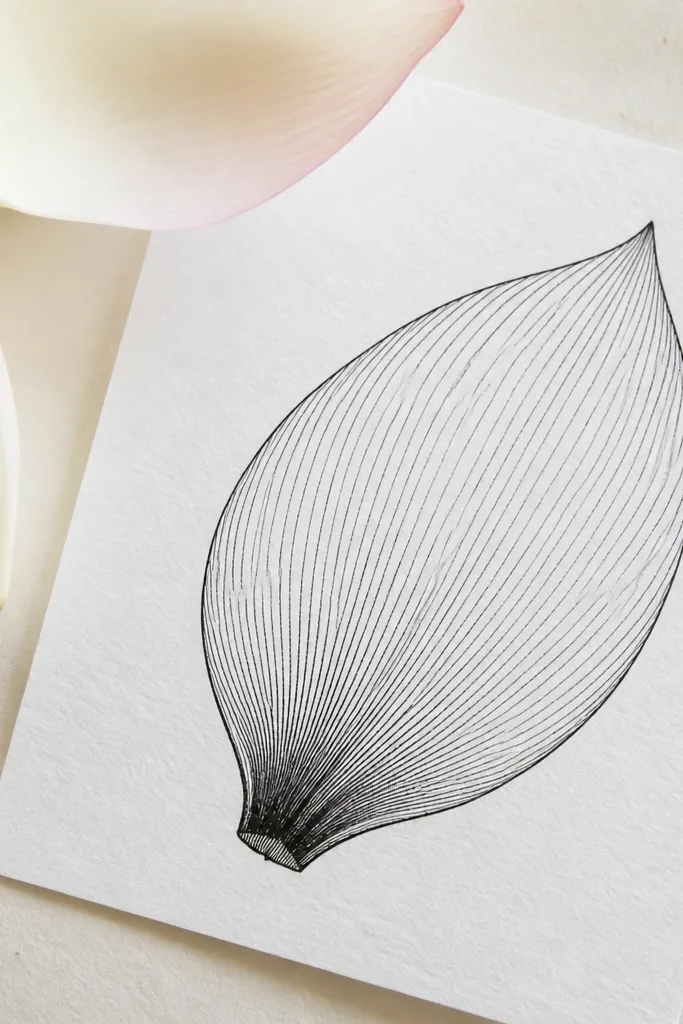 A clean fineliner lotus petal with crisp outline. Inside, there are many tiny curved hatch lines that follow the direction of the veins. The base has a small area of denser hatching for shadow, fading to almost none near the tip.
