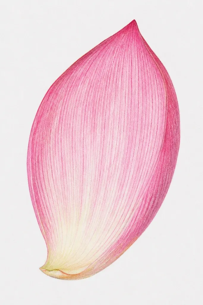 A lotus petal drawn like a ribbon, with a slightly elongated teardrop shape. The veins are long sweeping arcs that reach near the outer edge. Shading is only along the edges, leaving the center mostly white.