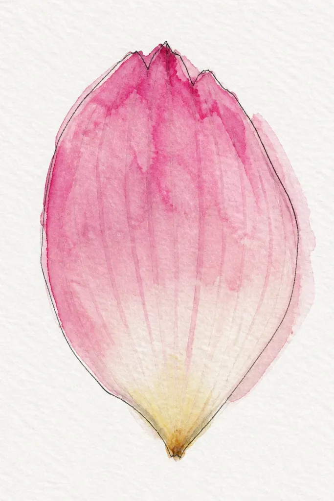 A watercolor petal where the color blooms softly. The base is a concentrated warm pink, blending into pale peach at the tip with no hard edges. The center ridge is shown with a slightly darker, translucent line.