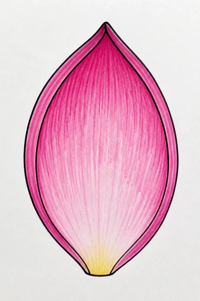 A lotus petal drawn as two layers. There's an outer teardrop outline and a smaller inner teardrop inset. The space between layers is shaded gray, and a center ridge runs through the inner layer.