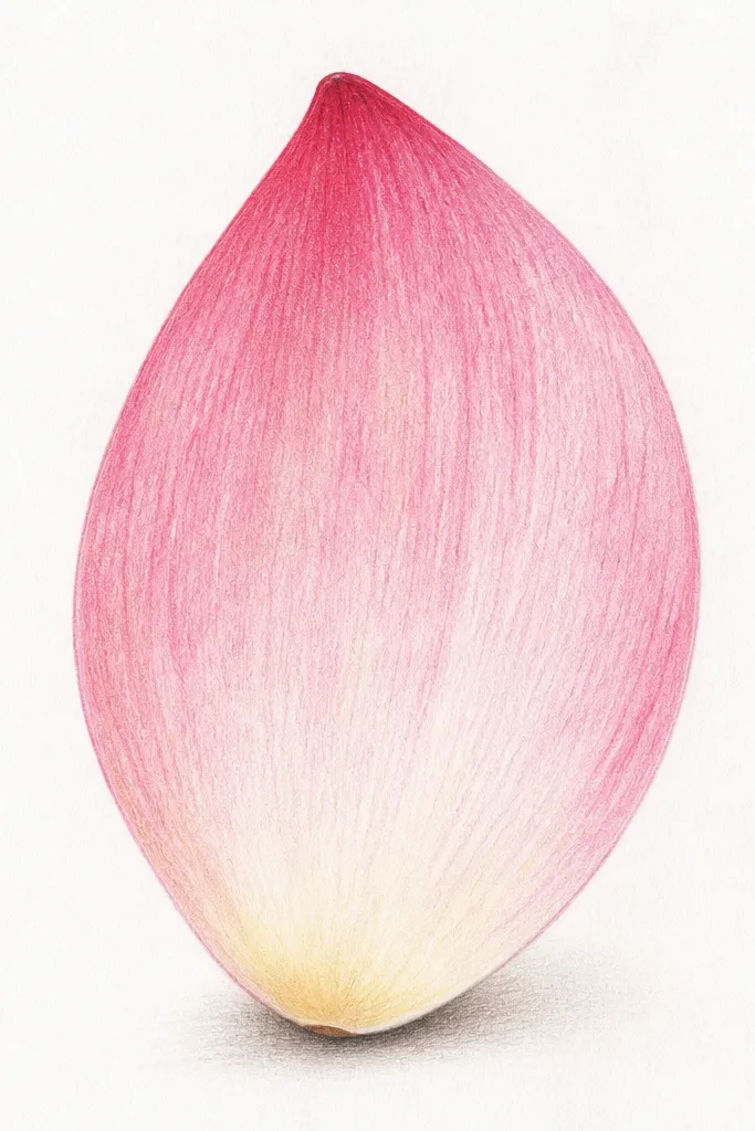 A large, simple lotus petal filling most of the page. The outline is clean and smooth. There's almost no shading except a small dark crescent at the base where it meets the flower center. One thin center ridge line is visible.
