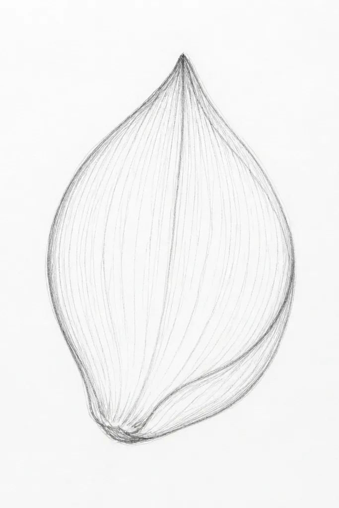 A lotus petal drawn with strong contrast. The outer rim is shaded dark gray, the center is left mostly white, and a thin light highlight line runs along one side of the rim. Veins are shown with light pencil lines that fade out quickly.