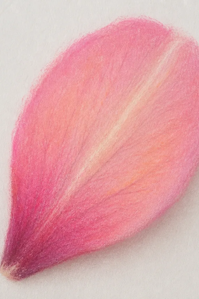 A petal drawn with pastel chalk or soft pastel sticks. The outline is slightly fuzzy, with layered pink and peach tones. The base is darker, and the center ridge is suggested by a lighter stripe. Veins are faint, drawn with a darker pastel pencil.
