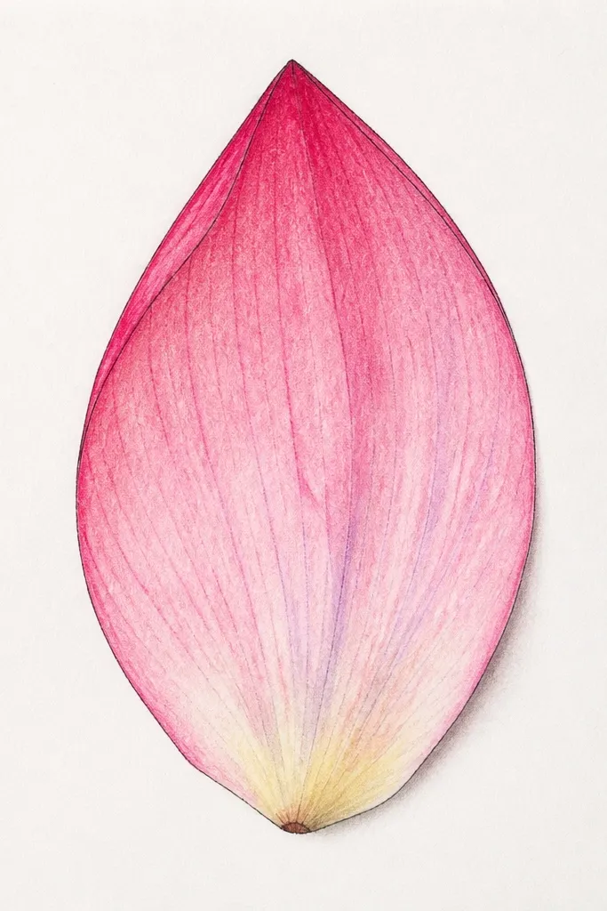 A fineliner-outlined petal with ink veins. The veins are drawn in pencil-blue watercolor, and they bleed softly outward like watercolor blooms. The petal body is pale washed, and the base is slightly more saturated.