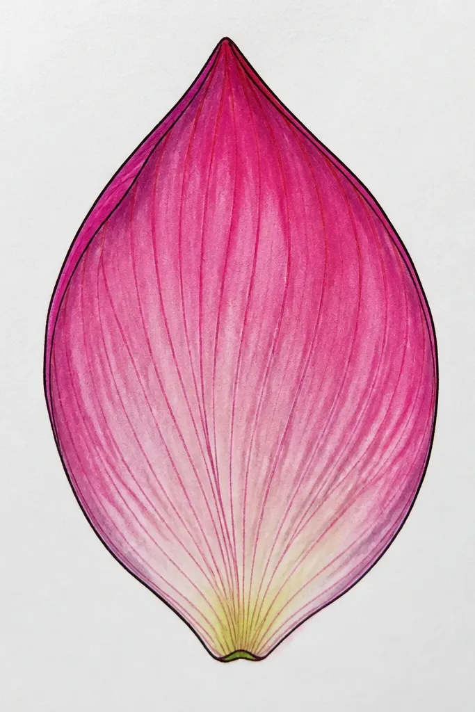 A traced lotus petal showing crisp, dark vein lines. The petal outline is slightly darker at the base. There's a faint shadow line from the tracing process, but the final veins are clean and evenly spaced.