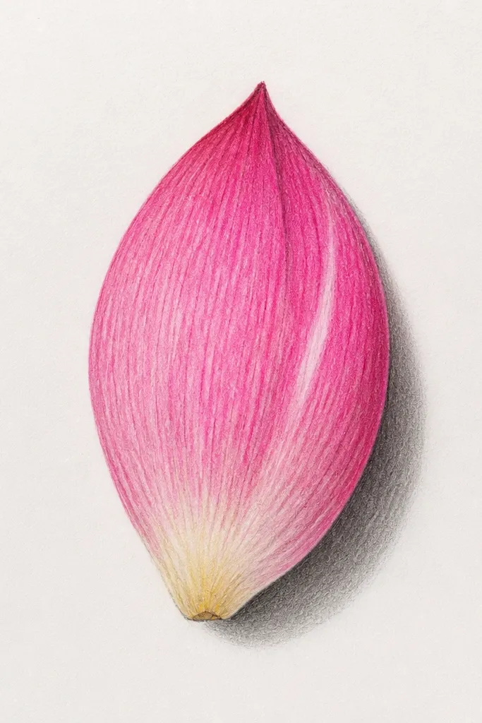 A petal drawn with crayon or oil pastel. There's a visible waxy highlight line running along the center ridge. The body is colored in a light gradient, and the base is darker. Veins are slightly darker crayon lines that look raised.