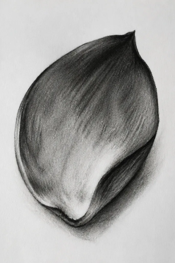 A charcoal lotus petal with smoky texture. The base is darker, and the center ridge is created by lifting charcoal with a kneaded eraser so it stays lighter. Veins are suggested with light, broken charcoal marks.