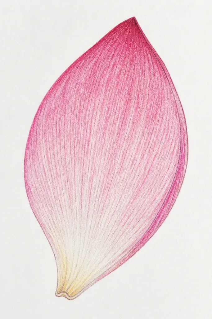 A colored pencil petal with a sharp darker rim around the outline. The interior is layered with smooth gradient from dark base to light tip. The center ridge is a slightly lighter stripe, and veins are drawn with light pencil lines.