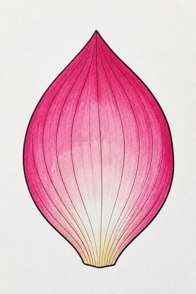 A grid of small lotus petals, each about 1.5-2 cm wide. They vary in edge style and vein count, but all share the same center ridge placement. The petals are drawn in consistent line weight, with one shared shading rule at the base.