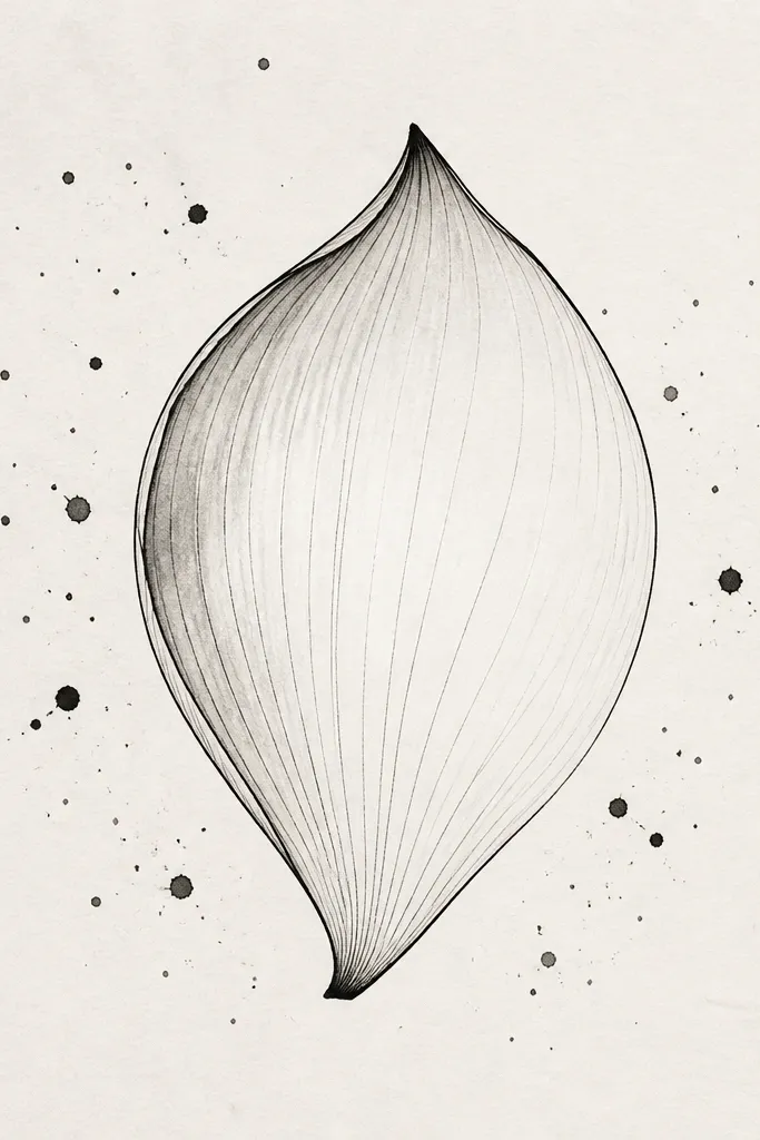 A lotus petal drawn in ink with a clean outline and a few veins. Around the petal, there are small controlled ink splatters in the background. The petal itself stays mostly clean with light base shading.