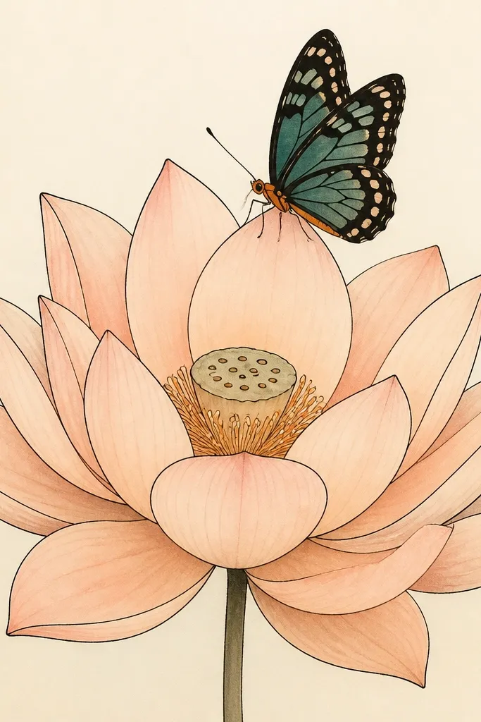 A cream page with a full lotus bloom in pale peach wash, crisp black petal outlines, and a butterfly perched on the top petal. The butterfly has teal wing patches with small dot rows, and a tiny warm-orange body.