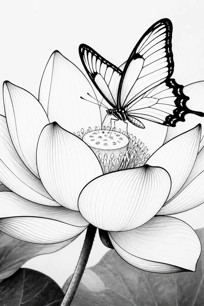 A black-and-white drawing: a lotus bloom with bold ink petal outlines and minimal shading, plus a butterfly near the center with thick wing borders and thin inner line patterns.