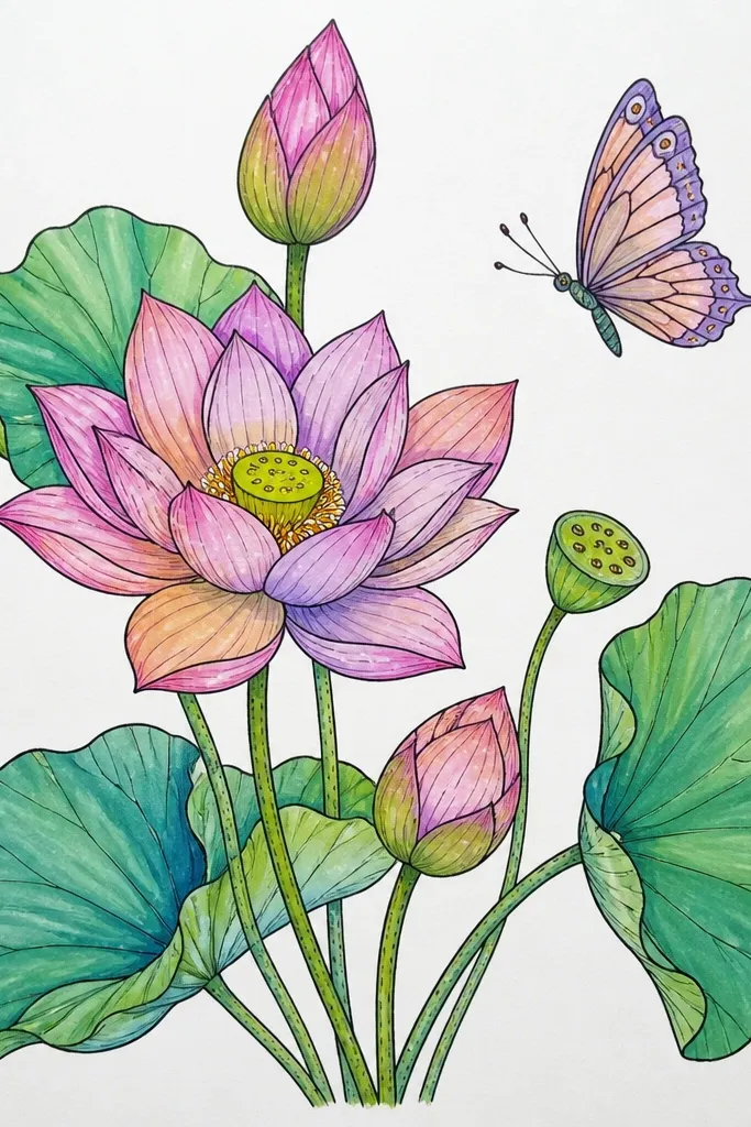 A card layout with a thin border of small lotus buds in pastel pink and lavender along the edges. One larger lotus sits in the middle-left and a butterfly flies from the center toward the right, wings in soft mauve and pale yellow.