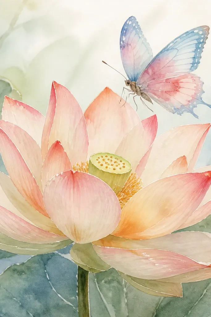A watercolor-style lotus bloom with soft, blended peach and light green washes. A butterfly sits above the petals, its wings showing intentional watercolor blooms and feathered edges in pale blue and rose.
