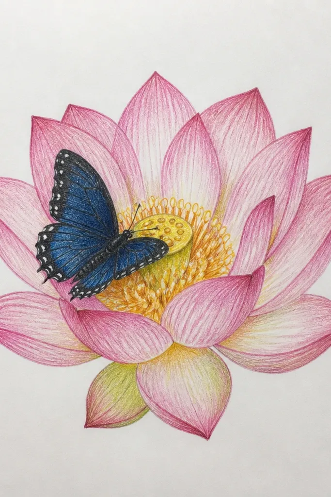 A lotus bloom in pale cream and muted rose, with the center filled using gold gel pen dots. A butterfly perched above has navy wings with gold dot accents, and a thin gold body line.