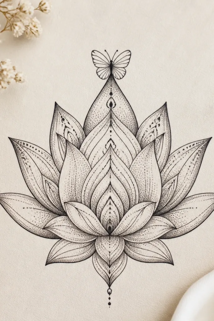 A lotus with symmetrical mandala-like petal patterns and fine dot shading. A tiny butterfly sits at the very top petal tip, wings drawn with three curved lines each.