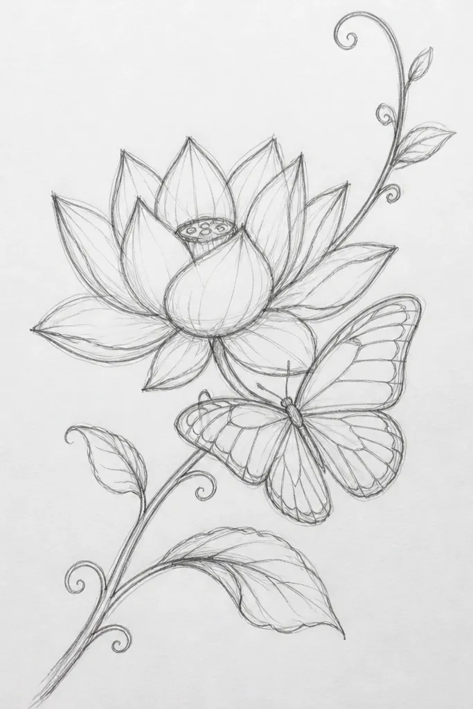 A lotus bloom with a vine line running diagonally behind it. A butterfly sits on the vine and partly overlaps one petal, with olive-green leaves and soft yellow wing accents.