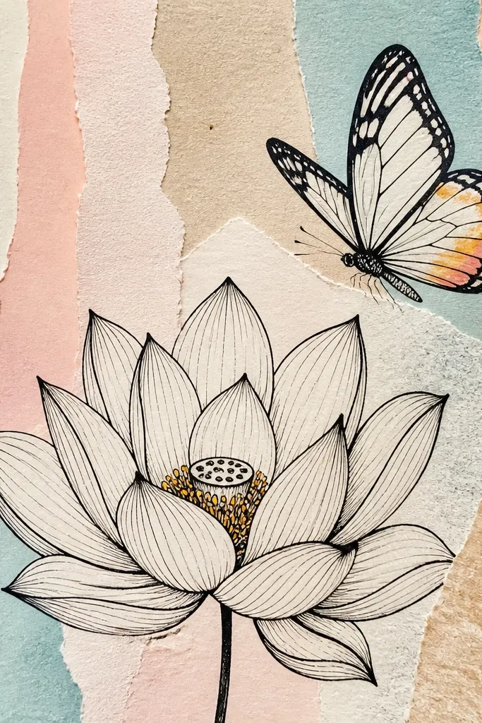A mixed-media piece where the background looks like torn pastel paper strips. Over it, a lotus outlined in black sits in the center, and a butterfly is inked with bold lines and minimal color accents.