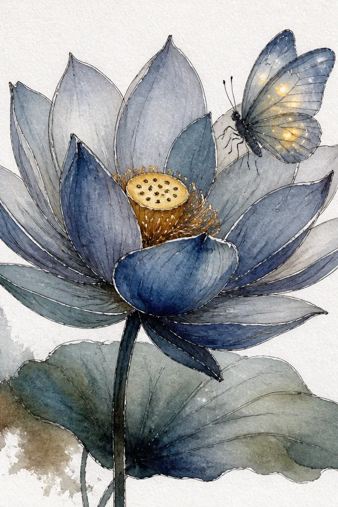 A dark blue-gray wash background. A lotus bloom in lighter blue and white sits in the center, and a butterfly floats above with pale yellow wing dots like firefly specks.