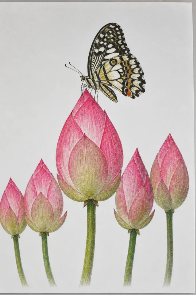 A horizontal strip of lotus buds and small flowers along the bottom edge. One large lotus sits above the strip, and a butterfly lands on the largest petal with patterned wings in pink and cream.