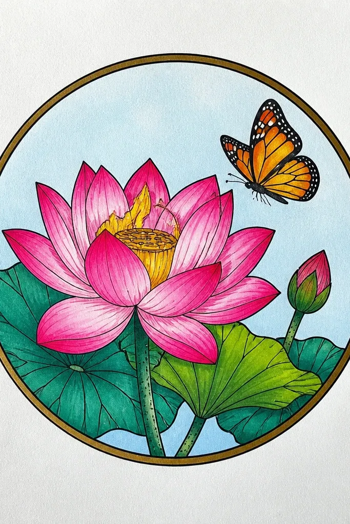 A circle outline encloses a lotus bloom. A butterfly sits inside the circle near the top of the lotus, wings colored in soft coral and light green accents.