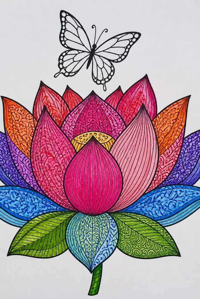 A lotus bloom where each petal has a different pattern: tiny dots, short lines, and small crescents. The butterfly is only outlined in black with no wing fill, and it sits above the lotus center.