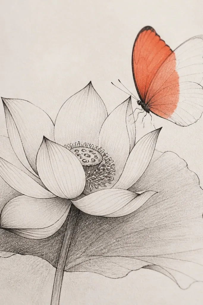 A loose pencil lotus sketch with a few ink lines and light shading. The butterfly has one wing filled in a solid warm coral, while the other wing is only outlined.