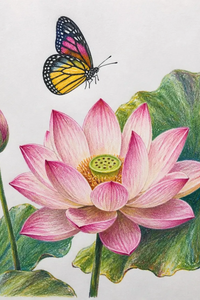 A lotus bloom in soft pink with delicate petal outlines. Green leaves curl around the sides, and a butterfly floats above with pale pink wing wash and greenish shadow at the wing base.